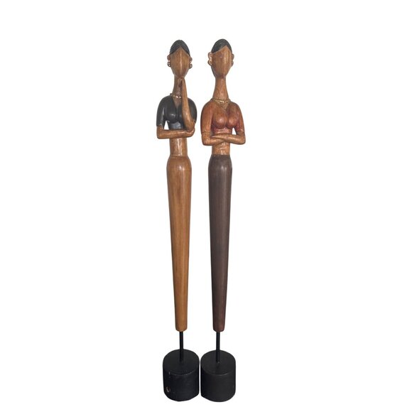 Hand-Carved African-Inspired Wooden Female Figurines Statues On Black Stands - Picture 2 of 16
